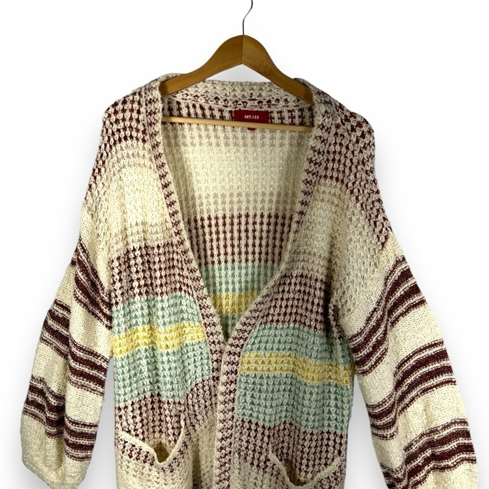 Net 153 Oversized Balloon Sleeve Open Front Cardigan, Multicolor Stripe, M/L - Picture 3 of 15